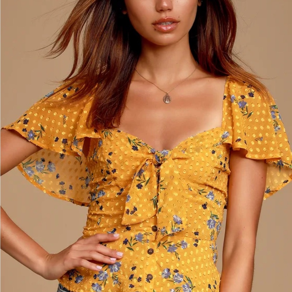 Karla Golden Yellow Floral Print Tie-Front Top